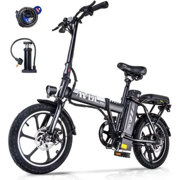 AVDLEU - Vélo Électrique Pliable - Roues 16" - Moteur 250W 25km/h - Batterie 36V 11.4Ah - Autonomie 40-80km (Mode ASSIST) - Noir