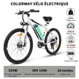 COLORWAY Vélo Électrique Blanc, VTT 26" E-Bike Vélo Assistance Électrique avec Batterie Amovible 36V 15Ah, Shimano 7 Vitesses – Image 3