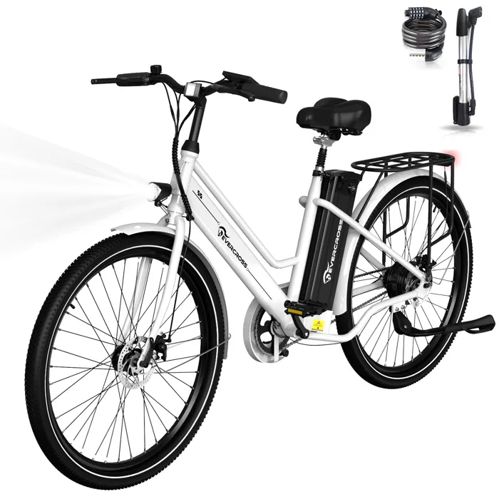 EVERCROSS EK8S Vélo électrique cadre en fer léger 26"- Batterie Amovible 250W 3 Modes de conduite Ecran LCD Hauteur Réglable- Blanc