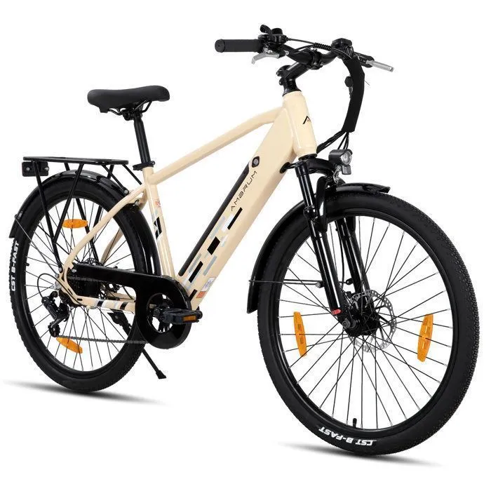 Hiland 26" Vélo électrique, E-MTB avec moteur 250 W, batterie 36 V 10,4 Ah, 7 vitesses pour hommes et femmes,freins à disque,beige