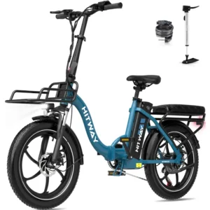 HITWAY Vélo Électrique 20" Pliant Bleu, 36V 15.6Ah Batterie Amovible, Moteur 250W, 7 Vitesses, APP, Porte-bagages Avant