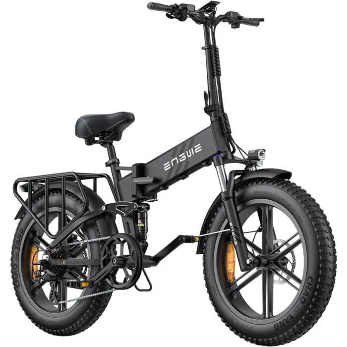 velo electrique pliable ENGWE ENGINE Pro 2.0 Autonomie 110km Batterie 52V16Ah Tout suspendu Pneus snow 20 pouces VTT Fat bike Noir