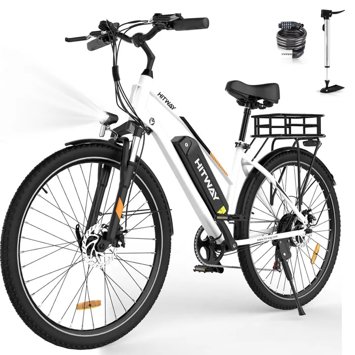 Vélo électrique VAE - HITWAY - Blanc - 28"- Batterie Amovible 36V12Ah - Shimano 7 Vitesses - VTT Électrique + HITWAY Panier arrière